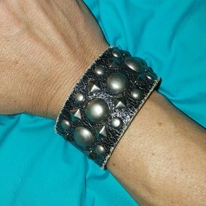 Black Leather Studded Cuff Bracelet
