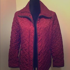 Dark Red Cole Haan Quilted Coat w/ Brown Trim, Med