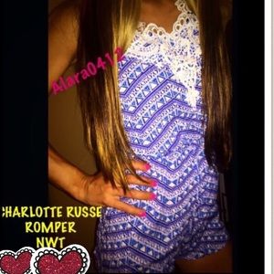 NWT CHARLOTTE RUSSE ROMPER XS CROCHET WHITE BLUE