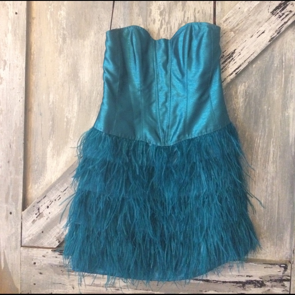 Betsey Johnson "Kawaii" Teal Ostrich Feather dress