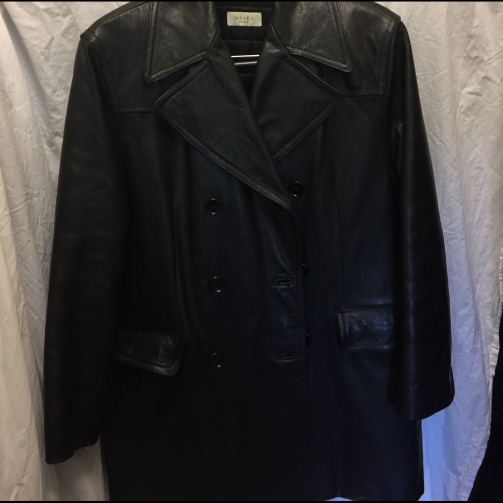 Maska Black Leather Dbl Breasted Car Coat