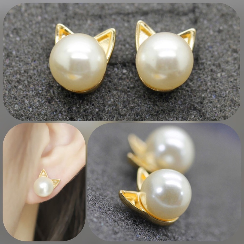 BOGO FREE NEW Pearl stud cat earrings - Picture 3 of 4