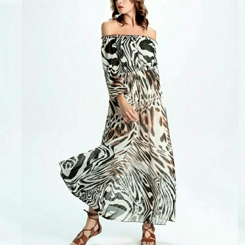 💋CHIFFON OFF-SHOULDER LEOPARD BOJO MAXI DRESS!!!