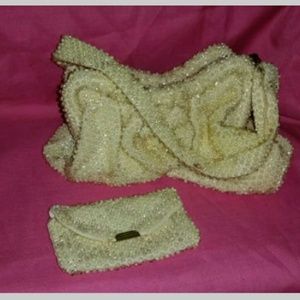 Vintage beige pearl handbag matching coin purse