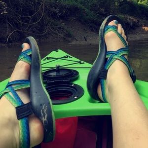 blue and green double strap Chacos