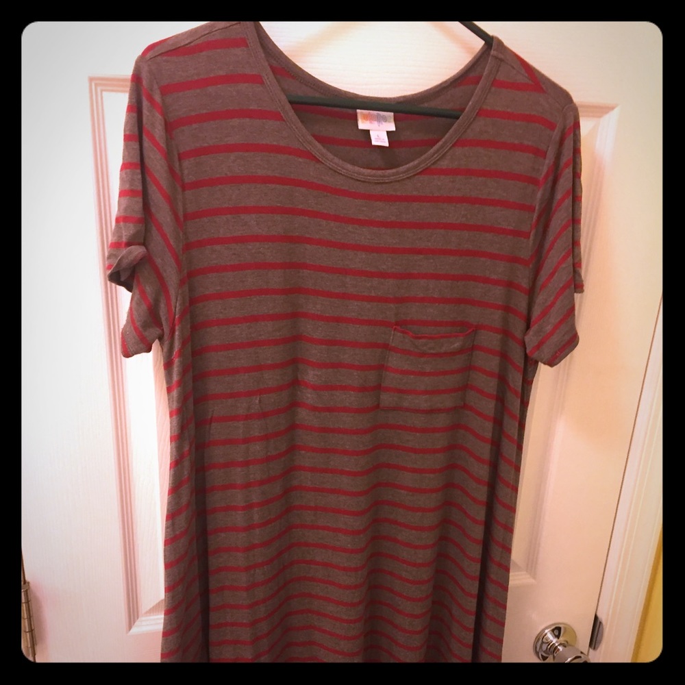 LuLaRoe Carly Dress- red and taupe striped- Large