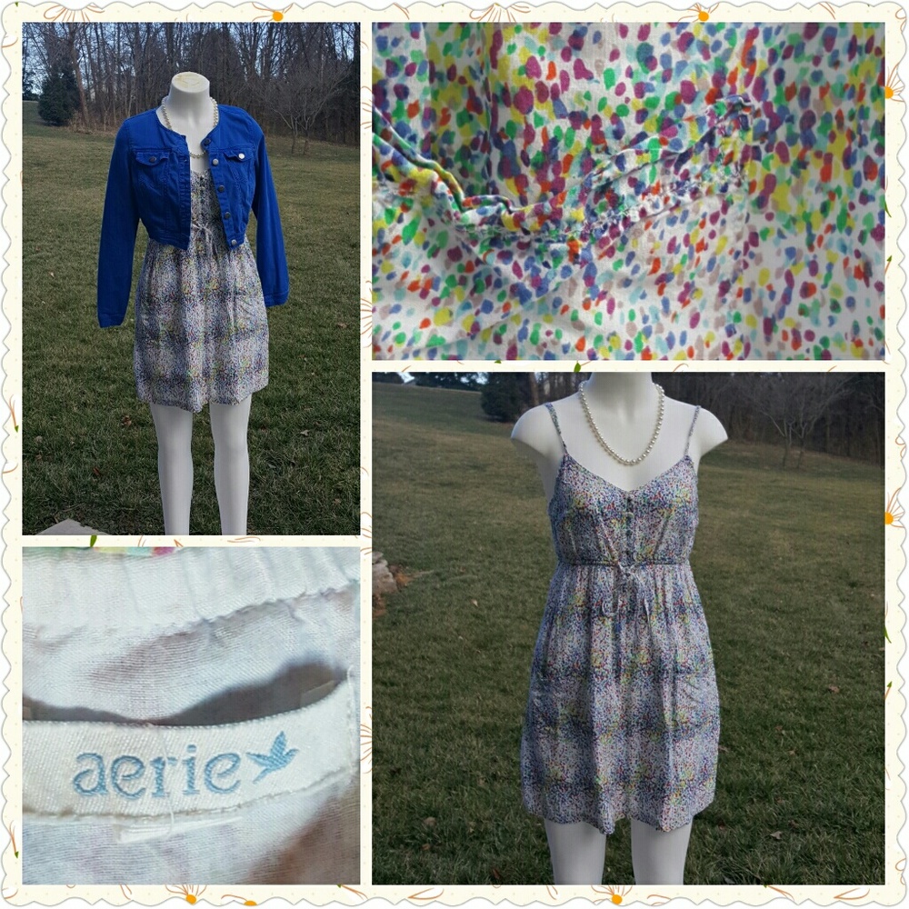 AERIE M Adj Strap Watercolor summer DRESS White