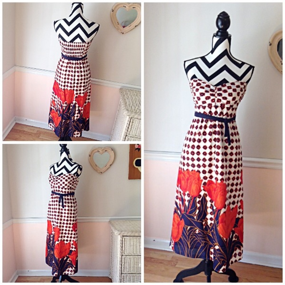 Maeve Poppy Strapless Tea Length Dress