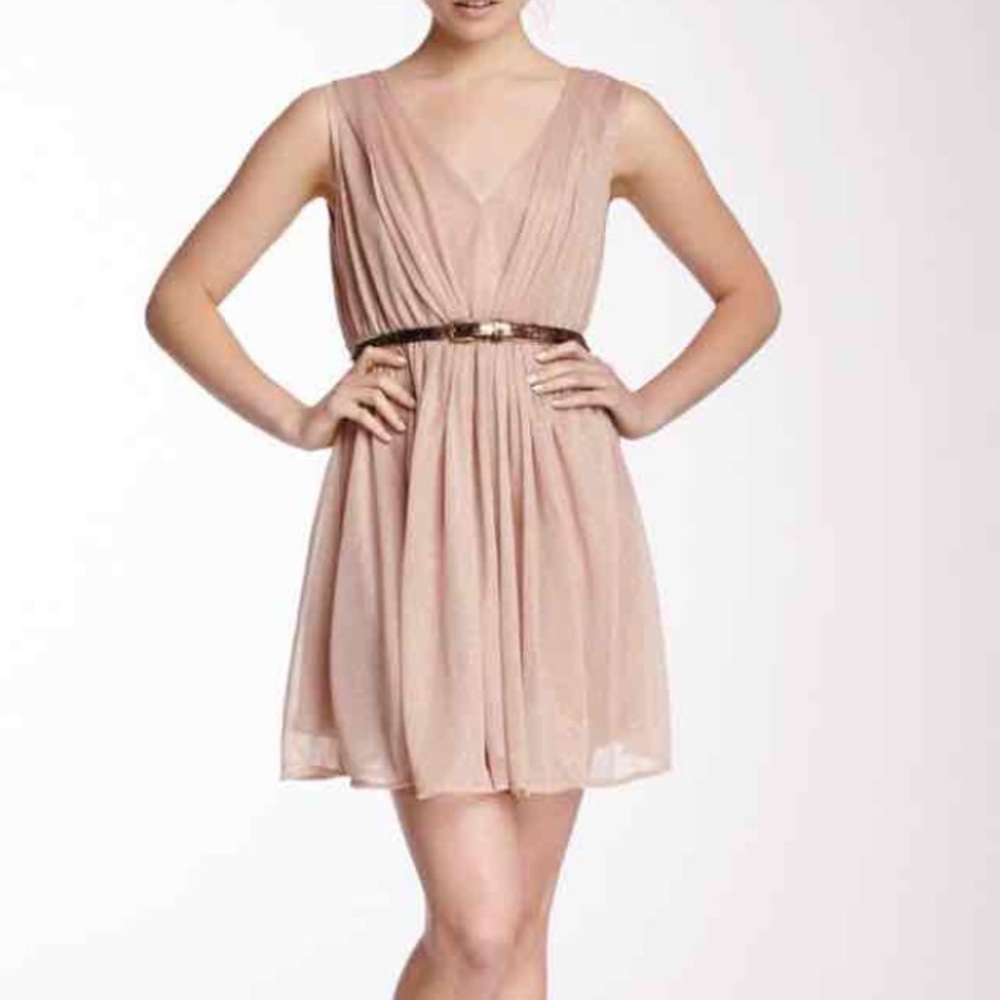 Belted V-Neck Gold Dress