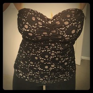 Nude and black lace strapless top