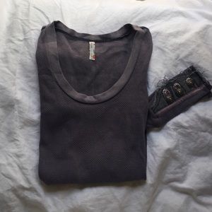 Free People Waffle Knit Tee Military Buttons