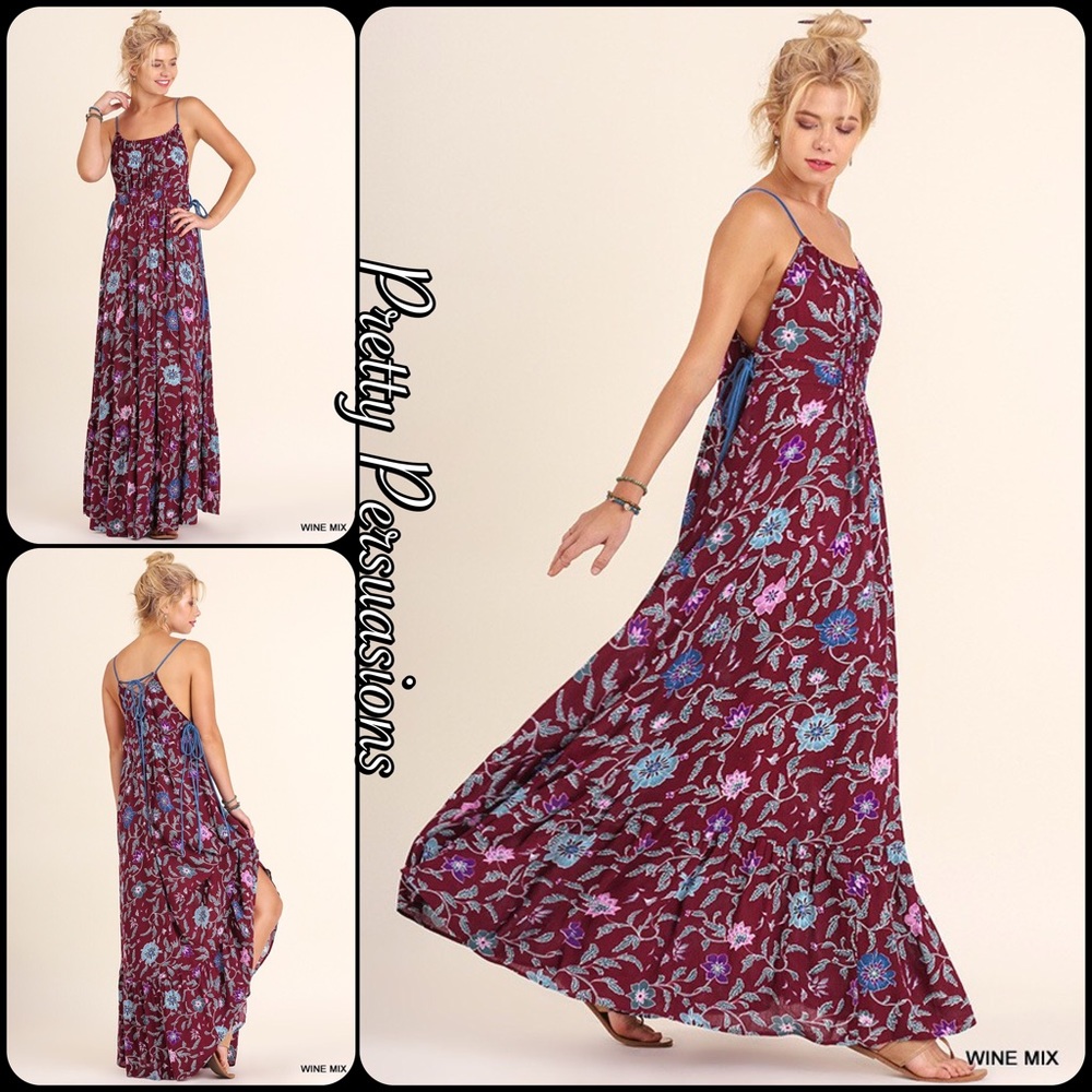 NWT Floral Lace Up Spaghetti Strap Maxi Dress - Picture 1 of 8