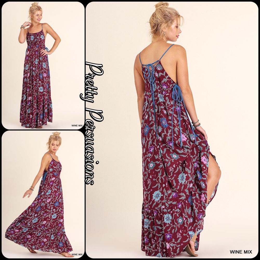 NWT Floral Lace Up Spaghetti Strap Maxi Dress - Picture 4 of 8