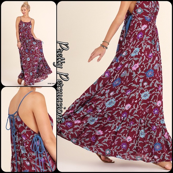 NWT Floral Lace Up Spaghetti Strap Maxi Dress - Picture 7 of 8