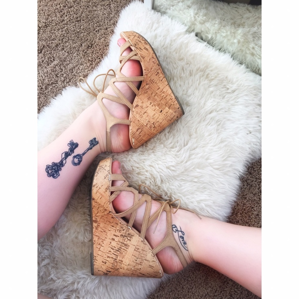 Tan Strappy Cork Wedge Sandals