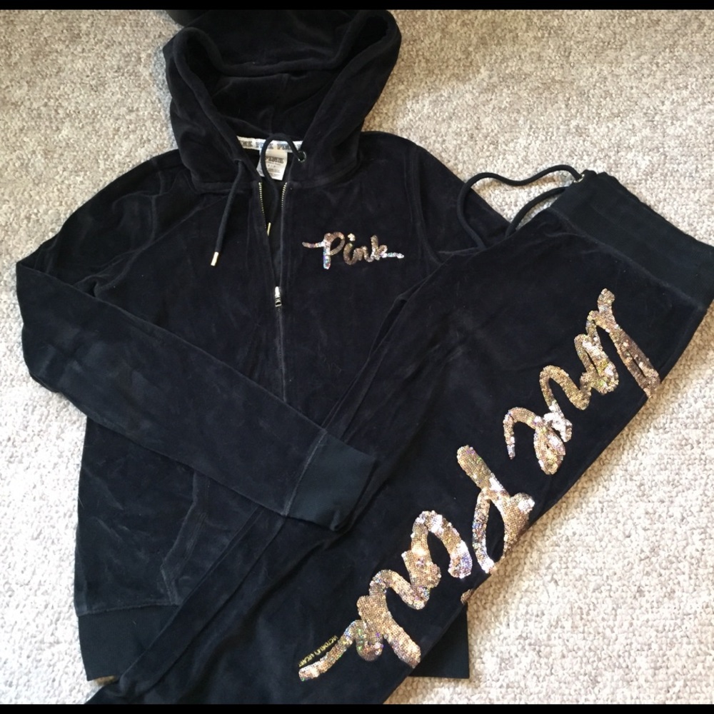 VS PINK velvet black hoodie & sweatpants set