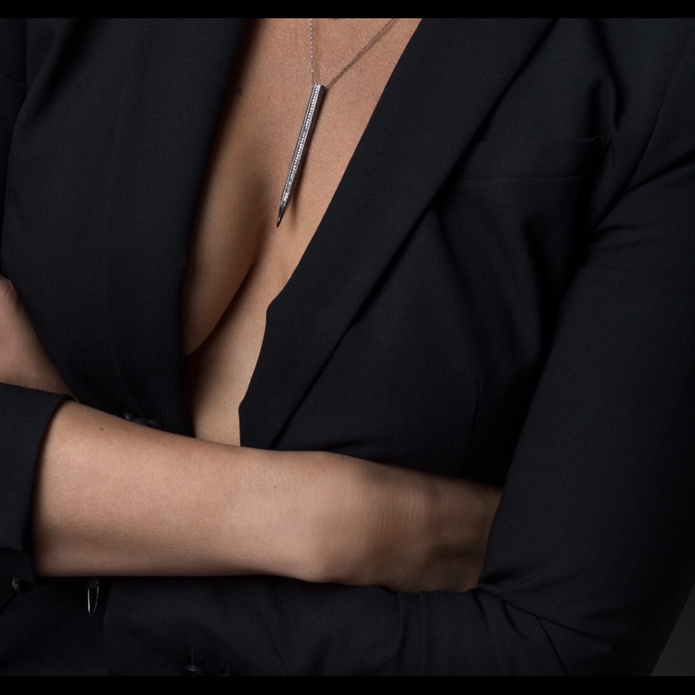 Pave diamond oxidized silver nail pendant & chain