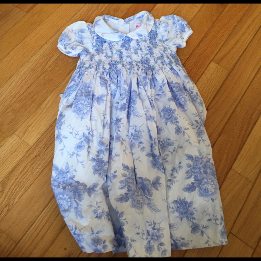 Floral blue and white smocked front dress