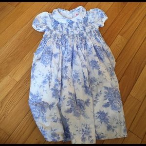 Floral blue and white smocked front dress
