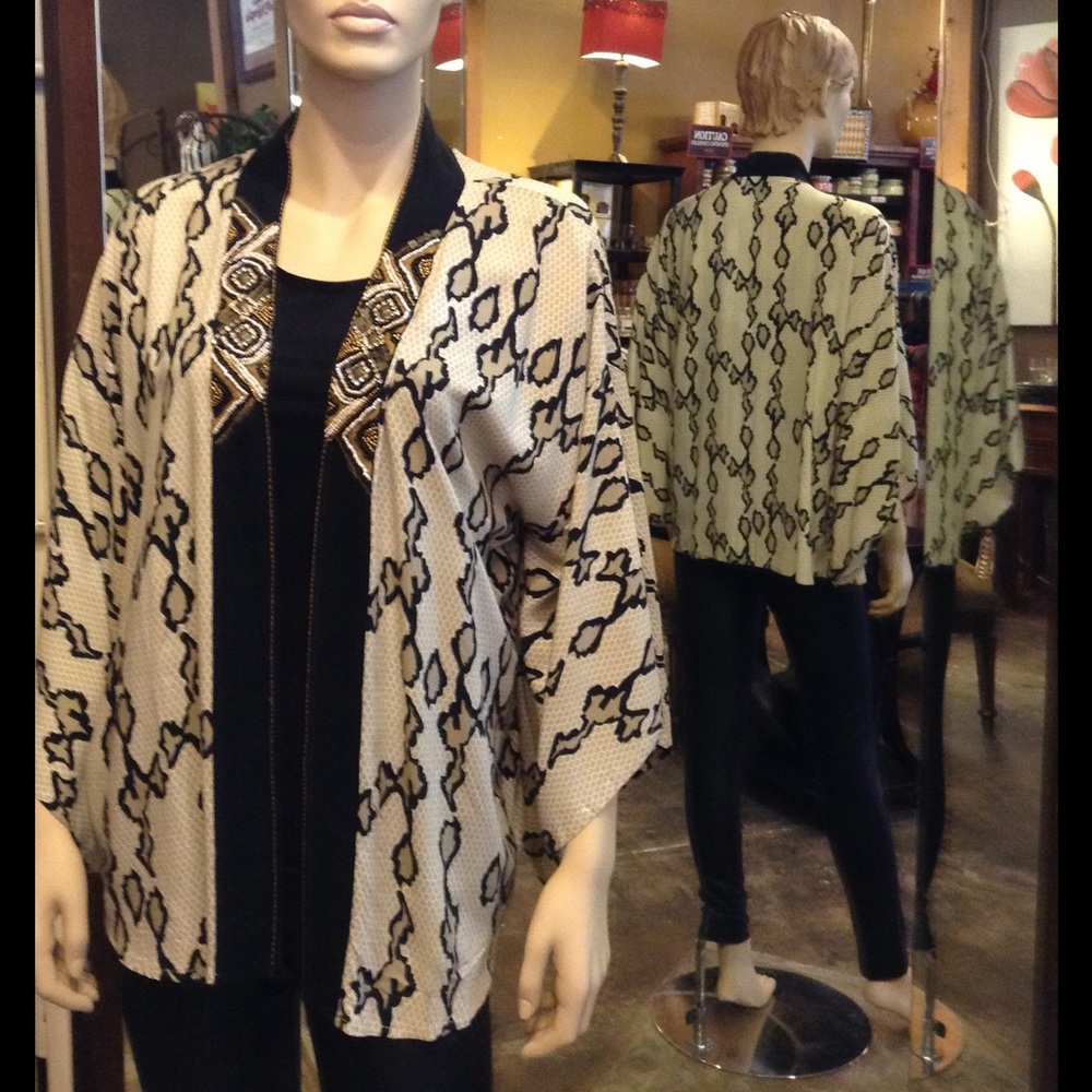 Snake-print, beaded kimono.