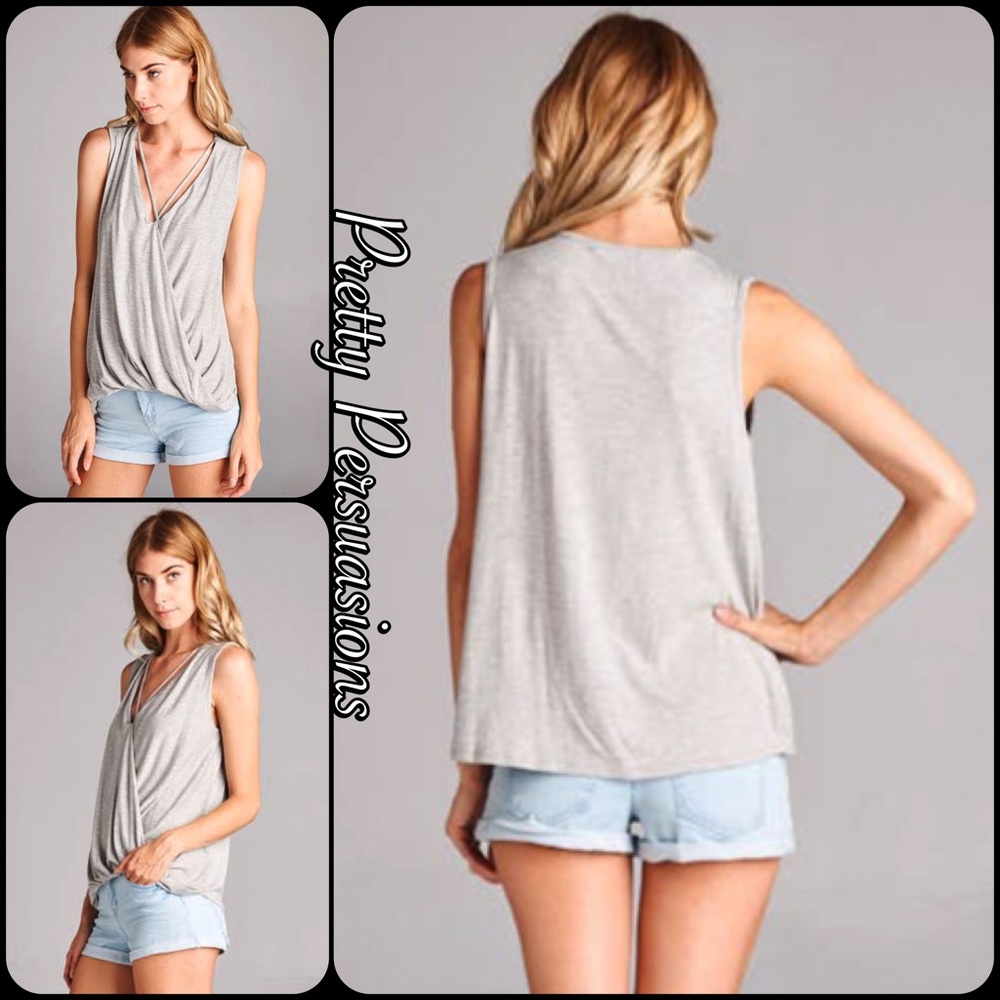LAST 2‼️Gray V-Neck Strappy Draped Sleeveless Top - Picture 3 of 6
