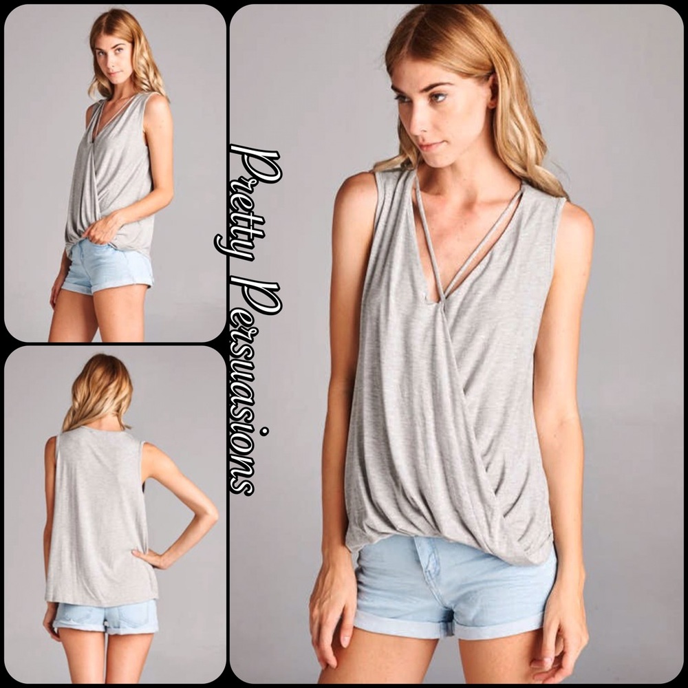 LAST 2‼️Gray V-Neck Strappy Draped Sleeveless Top - Picture 4 of 6