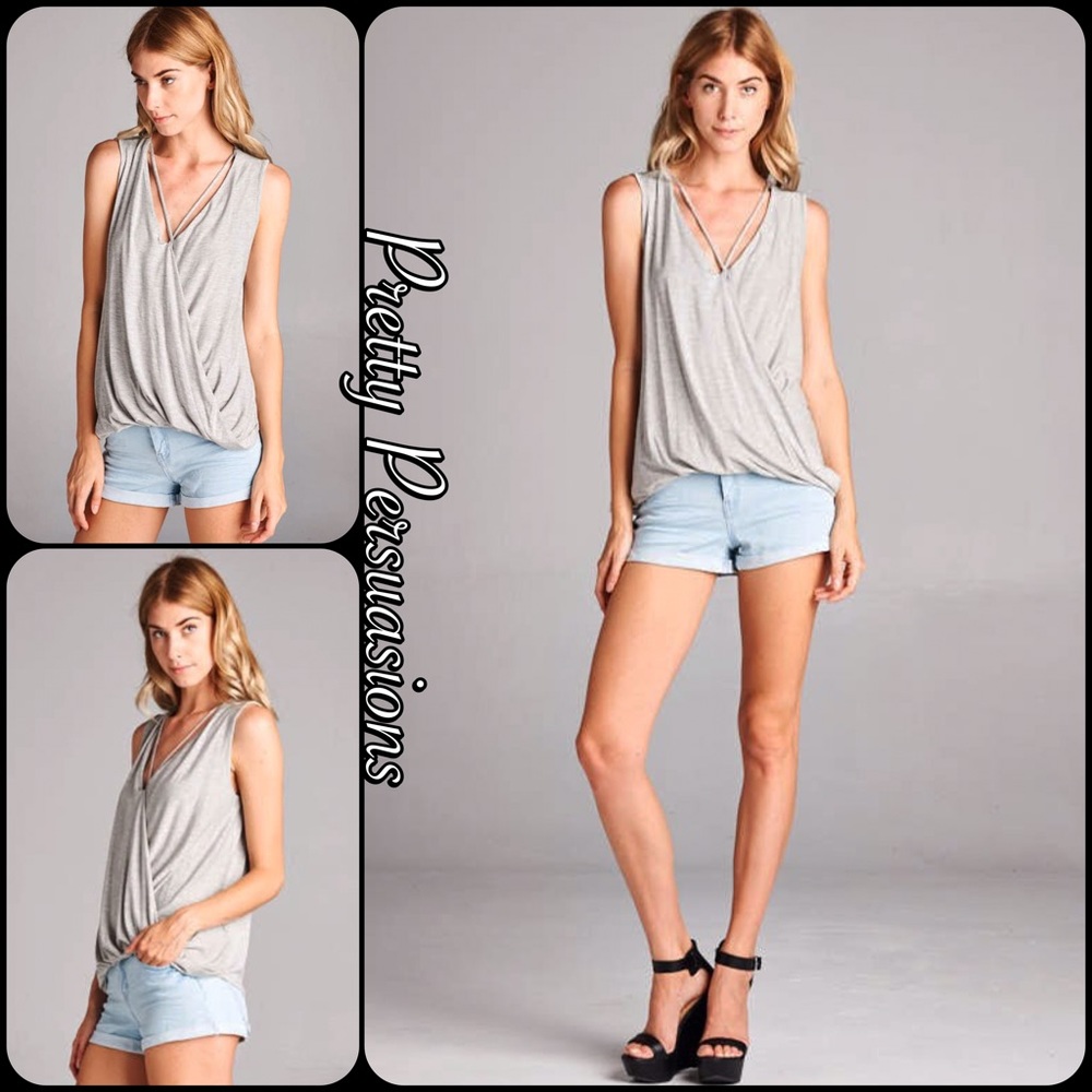 LAST 2‼️Gray V-Neck Strappy Draped Sleeveless Top - Picture 5 of 6