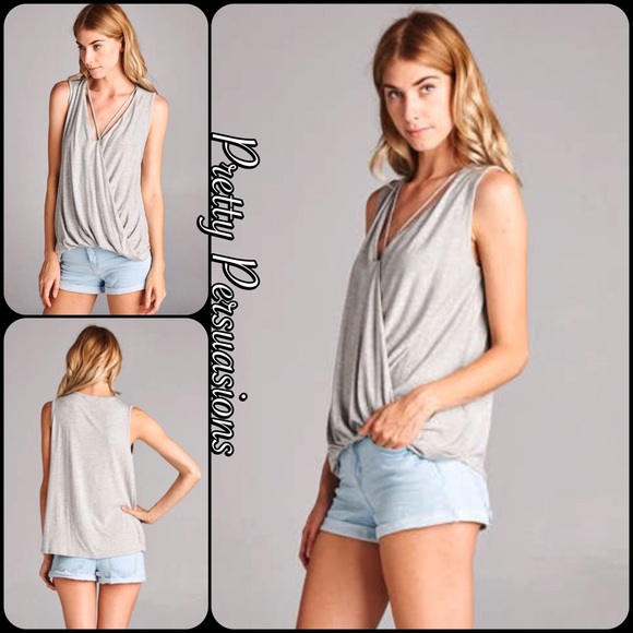 LAST 2‼️Gray V-Neck Strappy Draped Sleeveless Top - Picture 2 of 6