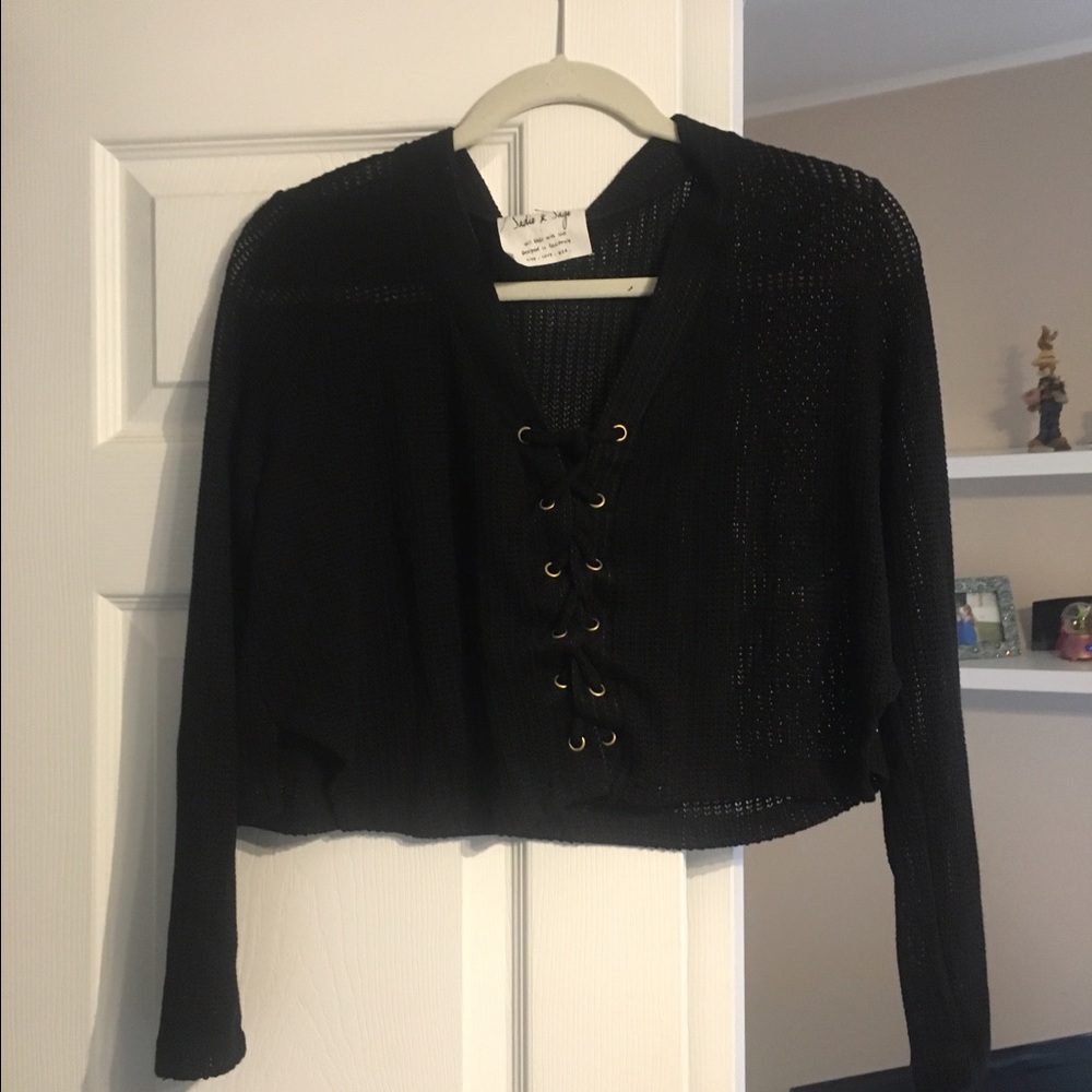 Cropped lace up sweater