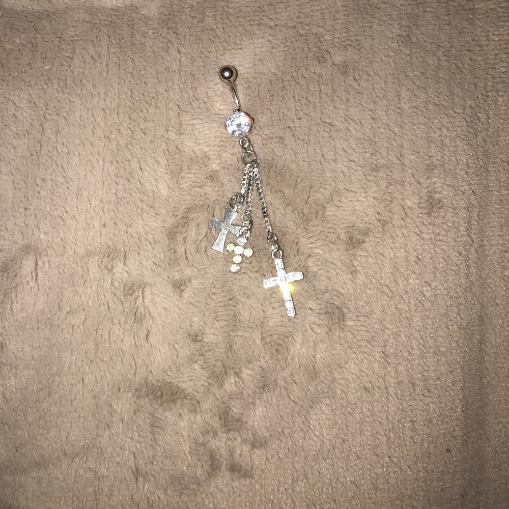 Diamond dangling cross belly button ring