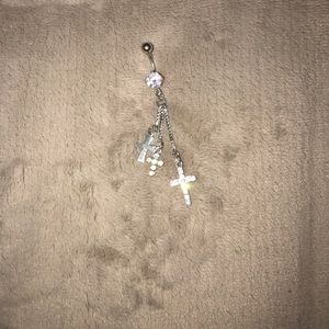 Diamond dangling cross belly button ring