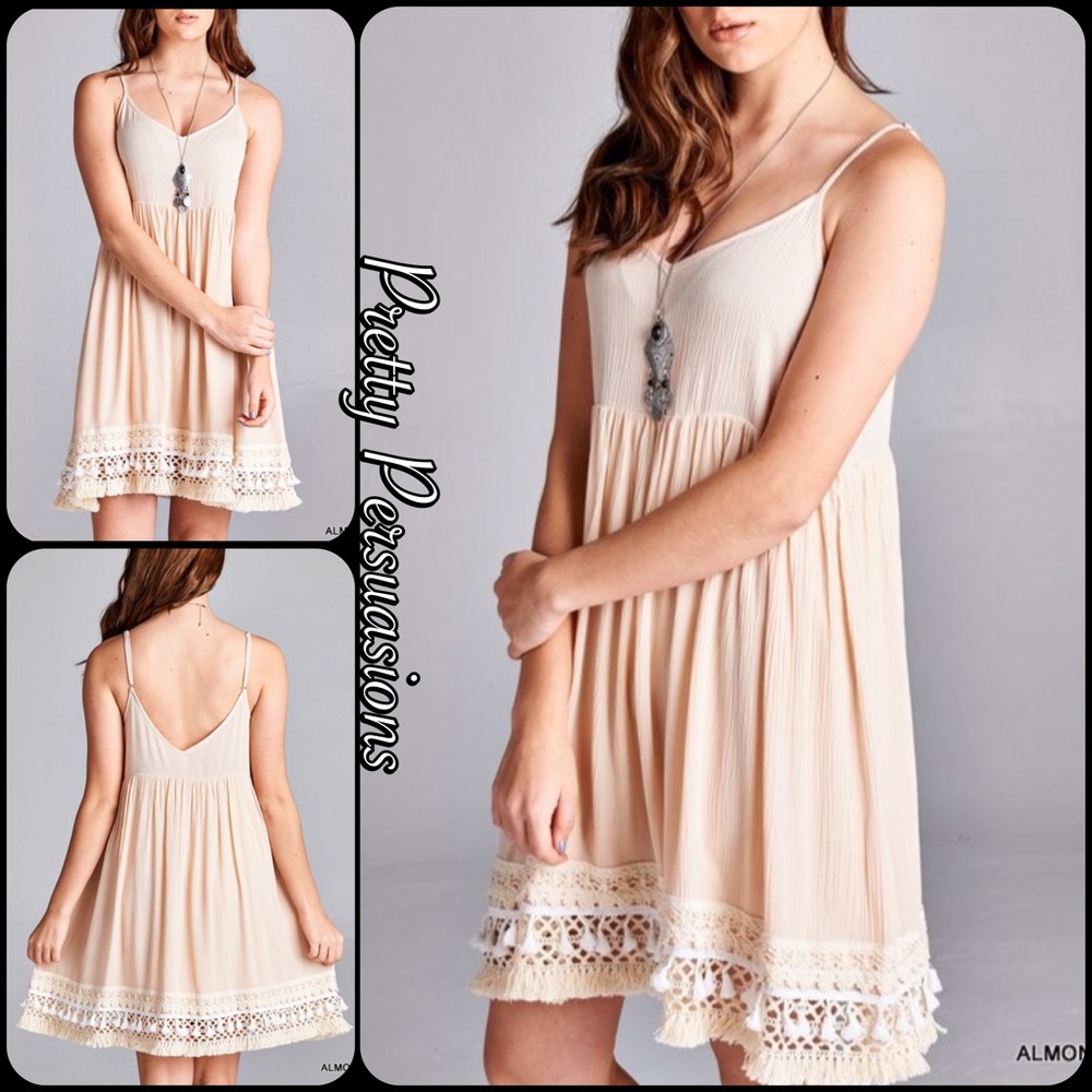 Crochet Fringe Hem Almond Baby Doll Dress - Picture 2 of 4