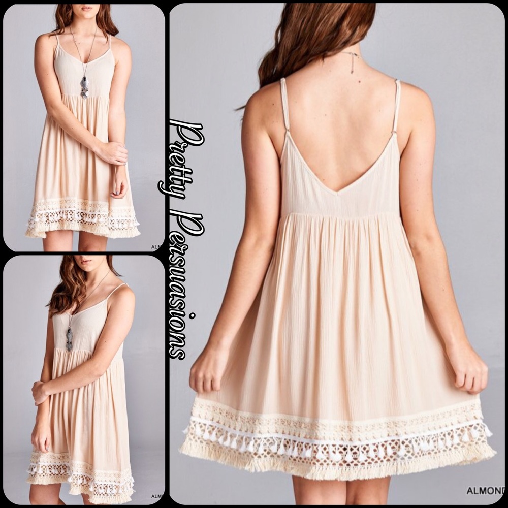 Crochet Fringe Hem Almond Baby Doll Dress - Picture 3 of 4