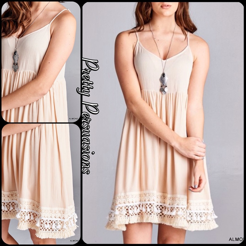 Crochet Fringe Hem Almond Baby Doll Dress - Picture 4 of 4