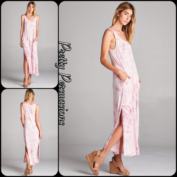 LAST ONE‼️Tie Dyed Pink Blush Slit Hem Maxi Dress - Picture 2 of 6