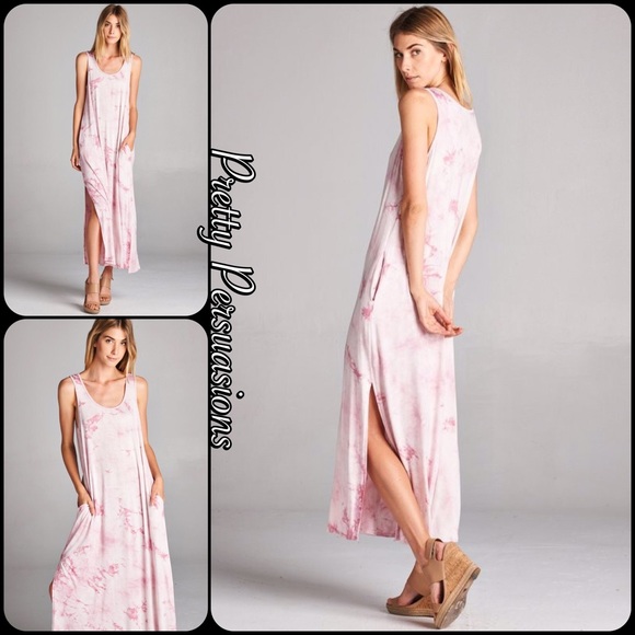 LAST ONE‼️Tie Dyed Pink Blush Slit Hem Maxi Dress - Picture 4 of 6