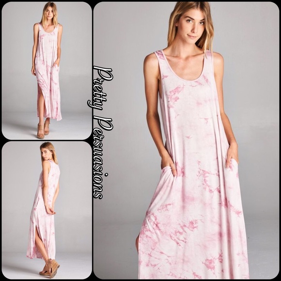 LAST ONE‼️Tie Dyed Pink Blush Slit Hem Maxi Dress - Picture 5 of 6