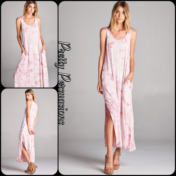 LAST ONE‼️Tie Dyed Pink Blush Slit Hem Maxi Dress - Picture 6 of 6