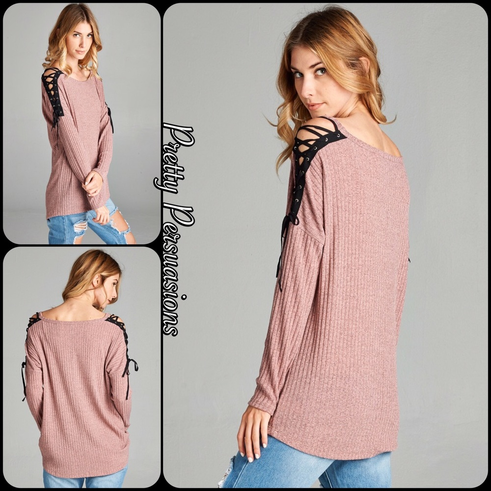 Blush Mauve Lace Up Shoulders Ribbed Top - Picture 3 of 8