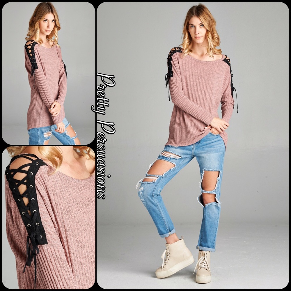 Blush Mauve Lace Up Shoulders Ribbed Top - Picture 6 of 8