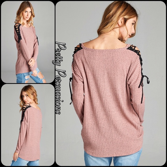 Blush Mauve Lace Up Shoulders Ribbed Top - Picture 4 of 8