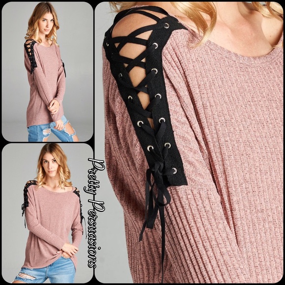 Blush Mauve Lace Up Shoulders Ribbed Top - Picture 5 of 8