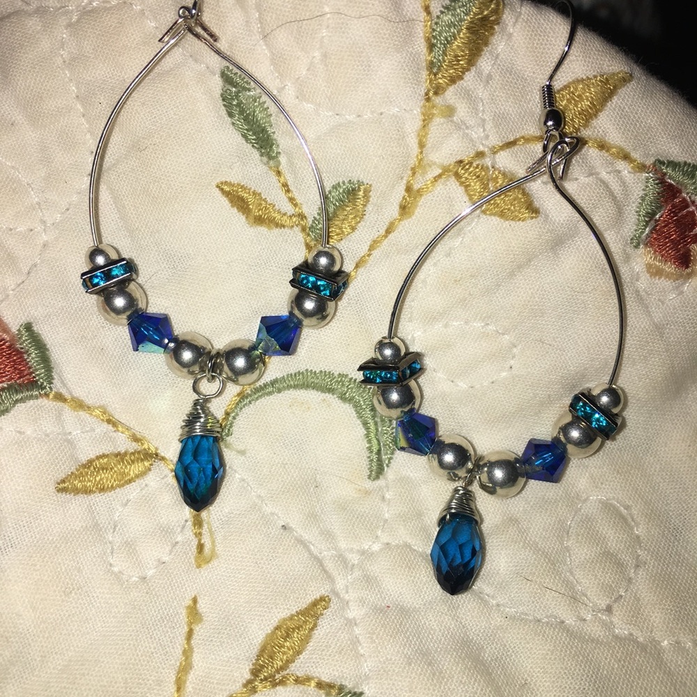 Turquoise crystal hoop dangle earrings silver