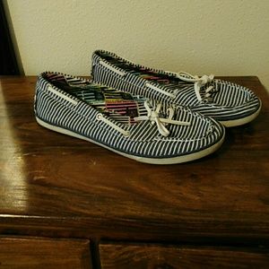 Navy and white striped boat shoes