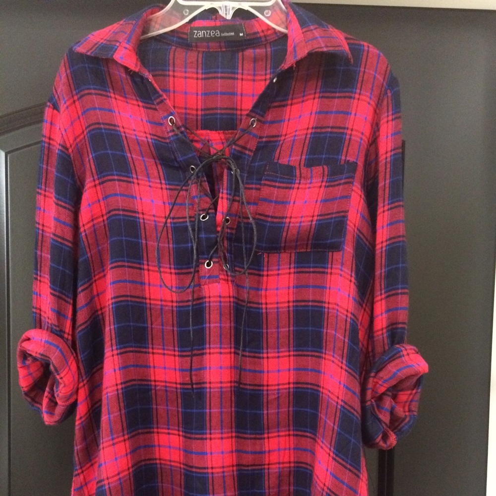 Boutique plaid lace up top, new never worn