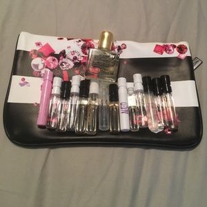 Sephora makeup bag with perfume samples