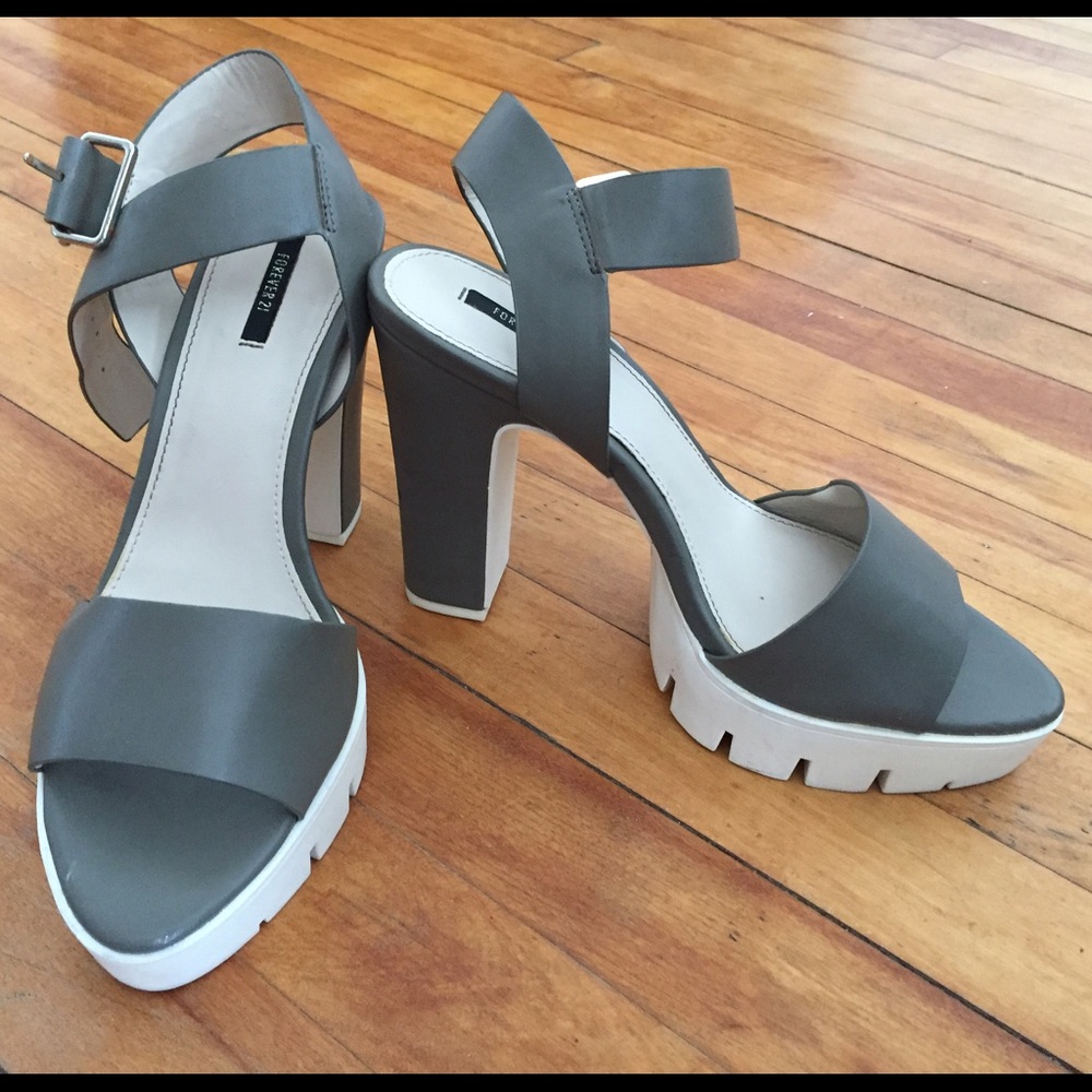 Grey and white lug sole platform sandals