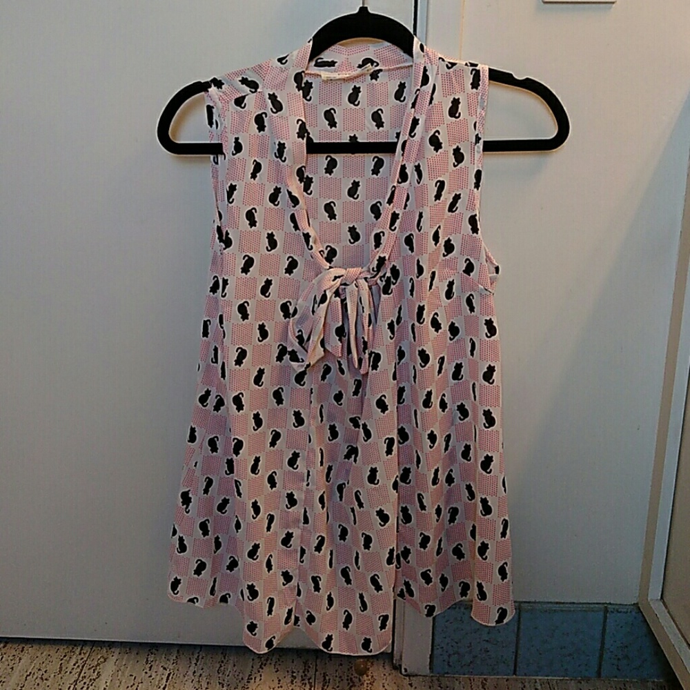 Modcloth Poema Sleeveless Blouse Cat Print Small