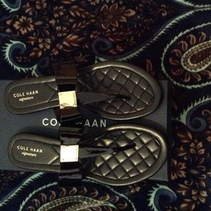 Cole Haan Black Patent Tali Bow Flat Sandal