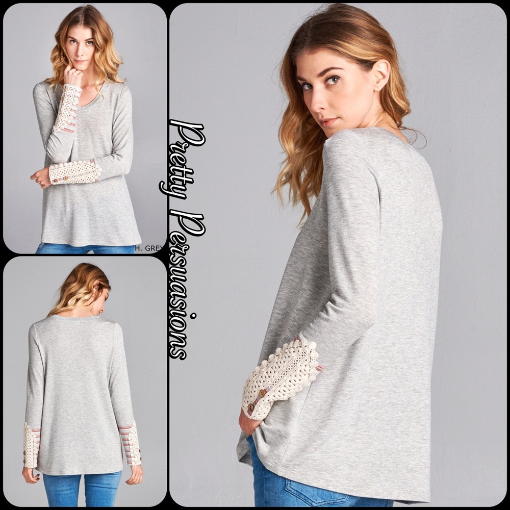 LAST ONE‼️Gray Long Sleeve Lace & Button Cuff Top - Picture 6 of 8